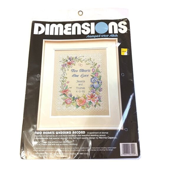 Dimensions Stamped Cross Stitch Kit 3122 Two Hearts Wedding Record Floral VTG - Picture 1 of 7